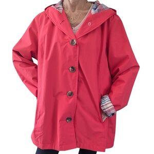 LL Bean Red Hooded Rain Jacket Plaid Lining XL Petite